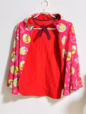Girls Pink Princess Print Hooded Robe with Red Inner Shirt